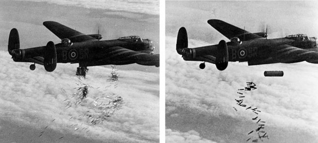 영국 공군의 아브로 랭커스터 폭격기가 1944년 독일 뒤스부르크 상공에서 블록버스터 폭탄을 투하하는 모습. 위키피디아