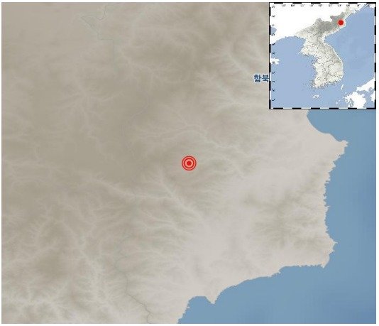 8일 오후 2시33분34초 북한 함경북도 길주 북북서쪽 39㎞ 지역에서 규모 2.4의 지진이 발생했다. 사진은 지진 발생 위치.(기상청 제공)ⓒ 뉴스1