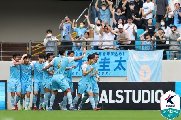 골을 넣고 기뻐하는 이근호(가운데). 한국프로축구연맹 제공