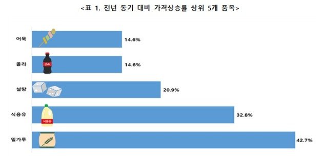 전년 동기 대비 가격상승률 상위 5개 품목. 한국소비자단체협의회 물가감시센터 제공