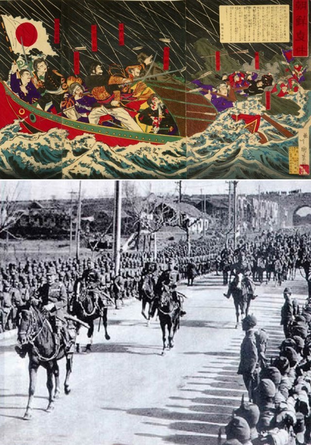 일본은 중국을 얕잡아보면서도 내심 ‘대국’에 대한 두려움을 품고 있었다. 1882년 임오군란 당시 청의 개입에도 움직이지 않던 
일본은 동학농민봉기를 계기로 ‘청 콤플렉스’를 벗고 중국에 대한 침략의 야욕을 드러냈다. 1882년 임오군란 당시 작은 배를 타고
 탈출하는 일본 공사관 직원들을 묘사한 그림(위쪽 사진). 일본군이 1937년 12월 13일 당시 중국 수도였던 난징으로 입성하는
 모습. 일본은 승리를 확신했던 중일전쟁에서 패배하며 망국의 길을 걷게 된다. 사진 출처 위키피디아