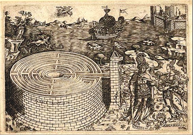 테세우스와 아리아드네, 크레타섬의 미궁에 관한 이야기를 묘사한 15세기(추정) 그림. 작자 미상. 사진 출처 영국박물관 홈페이지