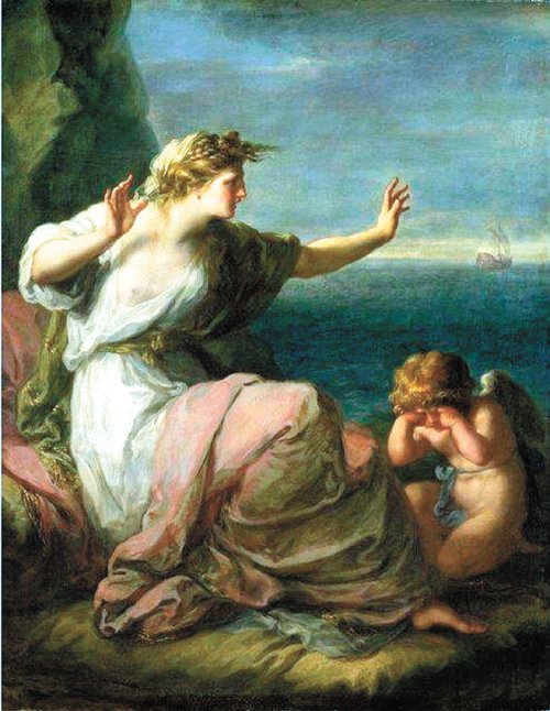 카우프만이 1774년 이후에 다시 그린 아리아드네. 화면 오른쪽으로 멀리 테세우스의 배가 보인다. 이루어지지 못한 두 사람의 사랑을 탄식하듯 사랑의 신 에로스가 아리아드네의 옆에 앉아 울고 있다. 사진 출처 위키피디아
