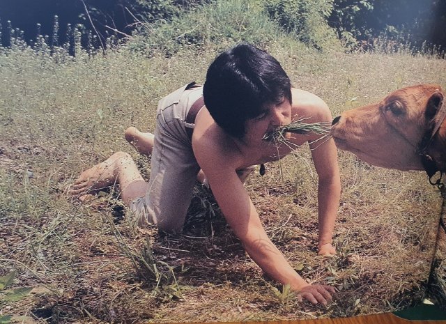 고승현 작가의 1983년 작품 ‘소와 나’. 풀 한줌을 서로 물고 교감하고 감응하는 장면을 연출하고 있다. 고승현 작품집 캡처.