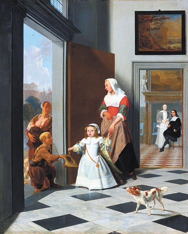 야코프 오흐테르벌트 ‘우아한 타운하우스 복도의 보모와 아이’, 1663년.