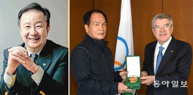 국제올림픽위원회(IOC) 3대 상훈의 하나인 ‘피에르 드 쿠베르탱 메달’을 수상하게 된 윤강로 국제스포츠외교연구원장(왼쪽 사진)과 김민제 스포츠 전문 사진작가(오른쪽 사진 왼쪽). 김 작가는 19일 토마스 바흐 IOC 위원장으로부터 메달을 받았고 윤 원장은 21일 받을 예정이다. 양회성 기자 yohan@donga.com·IOC 제공