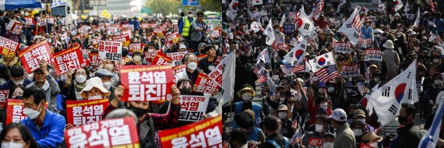 서울 도심에서 자유통일당 등 보수단체와 촛불승리전환행동을 비롯한 진보단체의 집회가 열린 가운데 22일 서울 도심에서 열린 집회 참가자들이 구호를 외치고 있다. 경찰은 이날 집회에 최대 10만명이 참가할 것으로 예상된다며 대중교통 이용과 차량 우회를 당부했다. [서울=뉴시스]