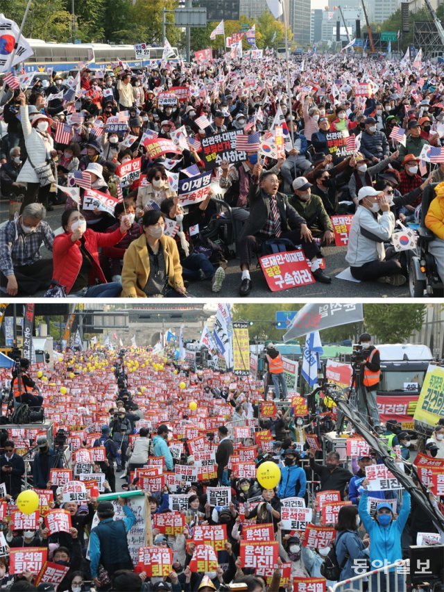 맞불 집회 22일 오후 서울 종로구 동화면세점 앞에서 자유통일당 등 보수단체 집회 참가자들이 “문재인 이재명 구속” 
등의 구호를 외치고 있다(위쪽 사진). 같은 시간 서울 중구 태평로빌딩 앞에서 촛불승리전환행동이 연 집회 참가자들이 “윤석열 
퇴진, 김건희 특검” 등의 구호를 외치고 있다. 시청 교차로 횡단보도를 경계로 보수 진보 집회가 비슷한 시간에 열렸는데, 두 집회
 참가자들은 서로 욕설을 주고받거나 실랑이를 벌이기도 했다. 김동주 기자 zoo@donga.com