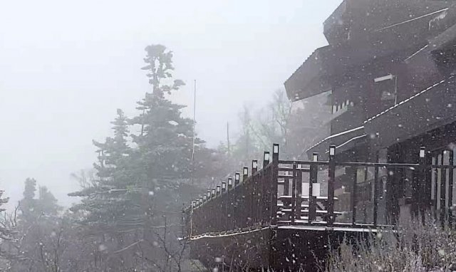 올가을 첫 대설주의보가 강원 북부산지에 발효 중인 24일 오전 강원도 설악산 국립공원 소청대피소에 눈이 내리고 있다. 강원지방기상청에 따르면 이번 눈은 25일 새벽까지 이어질 것으로 예상된다. 설악산 국립공원사무소 제공