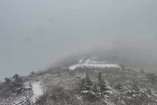 올가을 첫 대설주의보가 강원 북부산지에 발효 중인 24일 오전 강원도 설악산 국립공원 중청대피소에 눈이 내리고 있다. 강원지방기상청에 따르면 이번 눈은 25일 새벽까지 이어질 것으로 예상된다. 설악산 국립공원사무소 제공