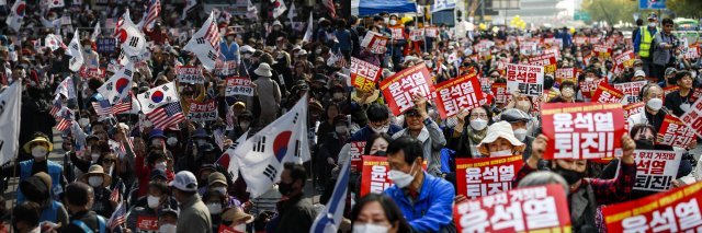 22일 서울 종로구 동화면세점 앞에서 보수단체가 주최한 집회(왼쪽), 같은 시각 중구 태평로빌딩 앞에서 진보단체가 연 집회 현장 사진. 뉴시스