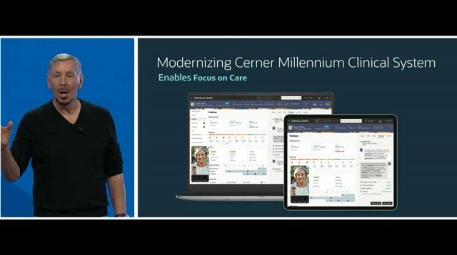 환자 중심의 공공 전자의료 DB를 소개하는 래리 앨리슨 오라클 회장 겸 CTO (출처=오라클)