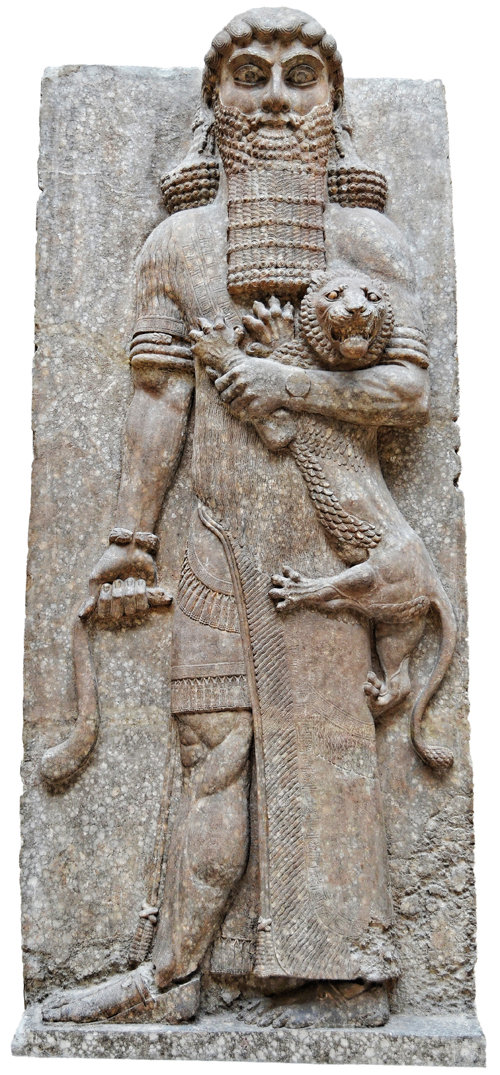 왼팔에 사자, 오른손에 뱀을 든 길가메시(추정)의 모습. 이라크 두르샤루킨의 아시리아 제국 유적지에 남아 있는 부조다. 사진 출처 위키피디아