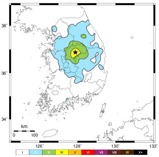 충북 괴산군에서 규모 4.1의 지진이 발생했다. 이번 지진의 진도를 나타낸 지도. 기상청 제공.