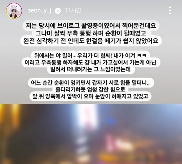 유명 유튜버 선여정 씨 인스타그램 스토리 캡처