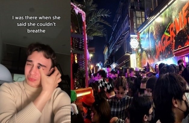 이태원 참사로 숨진 호주인 그레이스 래치드(23)의 친구 네이선 타베르니티(24)는 소셜미디어를 통해 친구를 회상하며 눈물을 흘리고 있는 모습(왼쪽)과 사고 발생 전 이태원 현장. 틱톡 캡쳐와 뉴스1