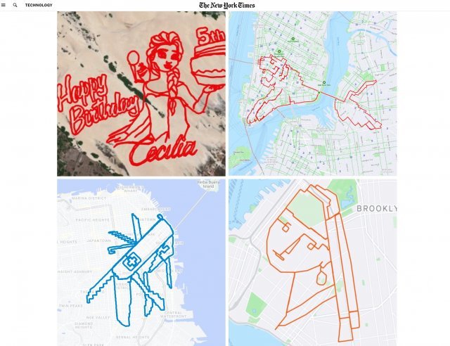 러너들이 나이키 앱의 실시간 위성위치확인시스템(GPS)을 활용해 만든 예술 작품들. 달리는 동안 온라인 지도에 이동 경로가 표시된 점에 착안해 ‘호랑이’부터 영화 ‘겨울왕국’의 캐릭터, 요하네스 페르메이르의 유명 그림 ‘진주 귀걸이를 한 소녀’까지 재치 있는 그림들을 만들어냈다. 뉴욕타임스 홈페이지