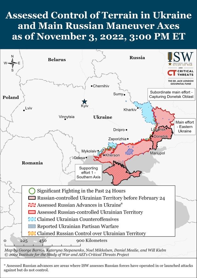 미 전쟁연구소(ISW)가 시각화 한 2022년 11월 3일 기준 우크라이나 전황.