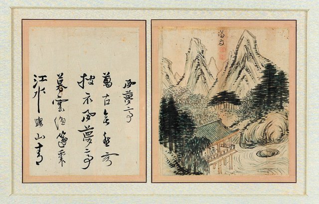 겸재 정선의 ‘숙몽정’(1700년대)은 정자에서 강을 바라보며 얘기를 나누는 선비와 어린아이를 그렸다. 글귀에선 숙몽정 주변의 자연과 이곳을 찾은 나그네를 묘사했다. 일민미술관 제공