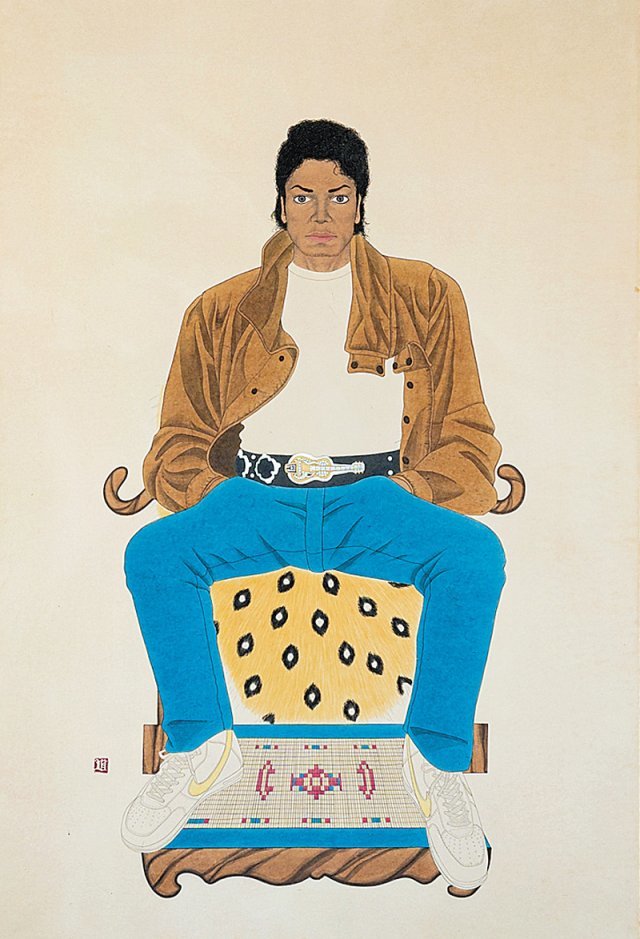 손동현의 ‘왕의 초상(P.Y.T)’은 20세기 세계적인 아이콘인 마이클 잭슨의 상징성을 한국의 전통 왕좌와 연결지었다. 전통 한국화 형식으로 작가가 향유하는 현대 문화를 대변하고자 했다. 일민미술관 제공