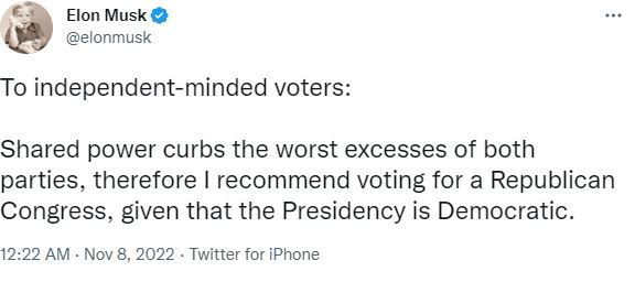 일론 머스크 테슬라 최고경영자(CEO)가 7일(현지 시간) 공화당 후보에 투표하라며 트위터에 올린 글. 트위터 캡처