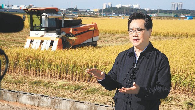 정황근 농림축산식품부 장관이 수확을 앞둔 가루쌀을 배경으로 가루쌀에 대해 설명하는 모습.