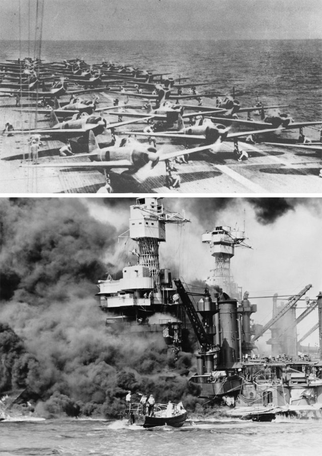 태평양전쟁의 시발점이 된 하와이 진주만 기습 당일인 1941년 12월 7일 아침, 항공모함 쇼카쿠(추정)에서 이륙을 준비하고 있는
 일본의 전투기와 급강하 폭격기들(위 사진). 이날 일본의 진주만 급습으로 3만1800t급 미 구축함 웨스트버지니아(아래 사진)를
 비롯한 여러 척의 배가 파괴됐고, 막대한 피해를 입은 미국은 일본과 태평양전쟁을 시작했다. 사진 출처 위키피디아