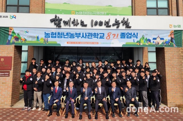 2022년 농협청년농부사관학교 제8기 참가자들이 10일 경기 안성시 소재 창업농지원센터에서 졸업식 촬영을 하고 있다. 농협 제공