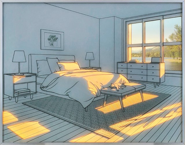 황선태 작가의 ‘빛이 드는 공간’(2022년). 선으로 사물을 단순하게 표현했다. 실내에서 햇볕을 나른하게 즐기는 고양이는 평화로움을 더한다. 갤러리 나우 제공