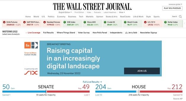 미 월스트리트저널(WSJ) 홈페이지 상단에 실시간 표시 중인 미 상하원 개표 현황. 상원은 민주당이 50석을 선점, 상원의장을 겸임하는 카멀라 해리스 부통령의 의석을 포함해 과반 이상인 51석을 확보했다. 2022. 11. 14.