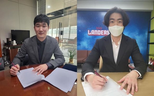 지난 ‘스토브리그’ 기간 비FA 계약을 맺은 박종훈(왼쪽)과 문승원. SSG 제공
