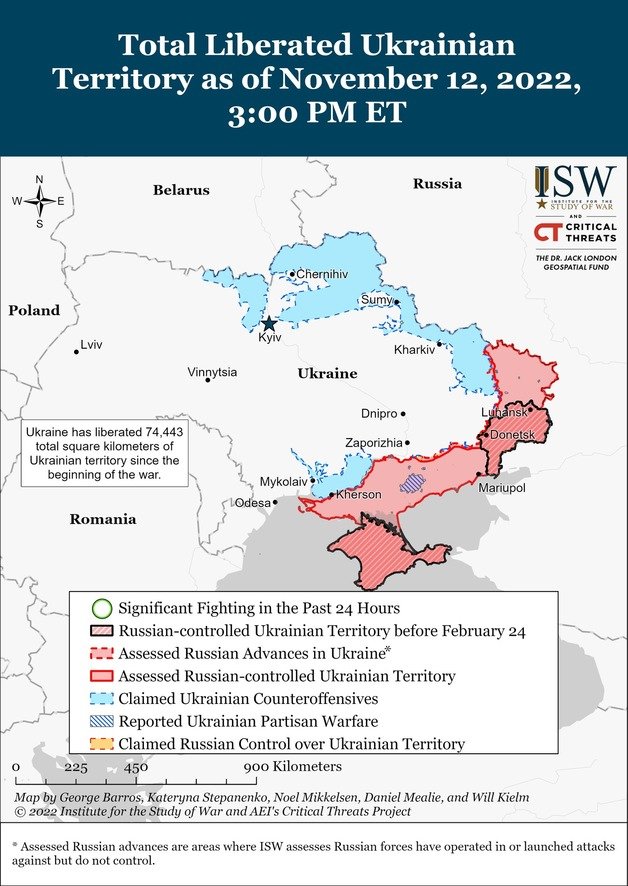 미 전쟁연구소(ISW)가 시각화 한 2022년 11월 12일 기준 우크라이나 전황.