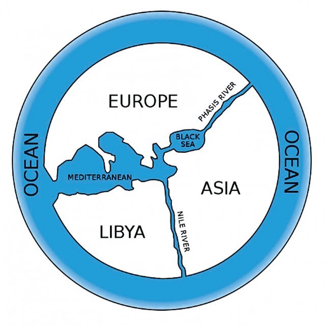 아낙시만드로스는 최초로 세계 지도를 만든 것으로 알려졌다. 그가 제작한 지도의 모습을 추정한 그림. 사진 출처 위키피디아