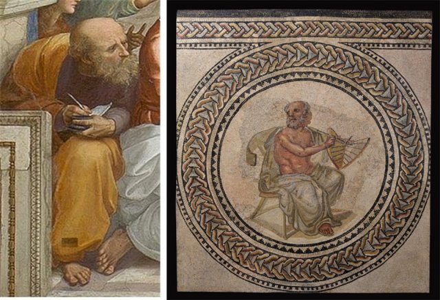아낙시만드로스는 그리스의 과학자 겸 철학 저술가다. 필기구를 든 채 얼굴을 찡그리고 있는 아낙시만드로스를 그린 라파엘로의 ‘아테네
 학당’(1510∼1511·왼쪽 사진). 아낙시만드로스가 해시계를 들고 있는 모습을 새겨 넣은 3세기 모자이크. 그는 해시계의 
최초 제작자로도 유명하다. 사진 출처 위키피디아
