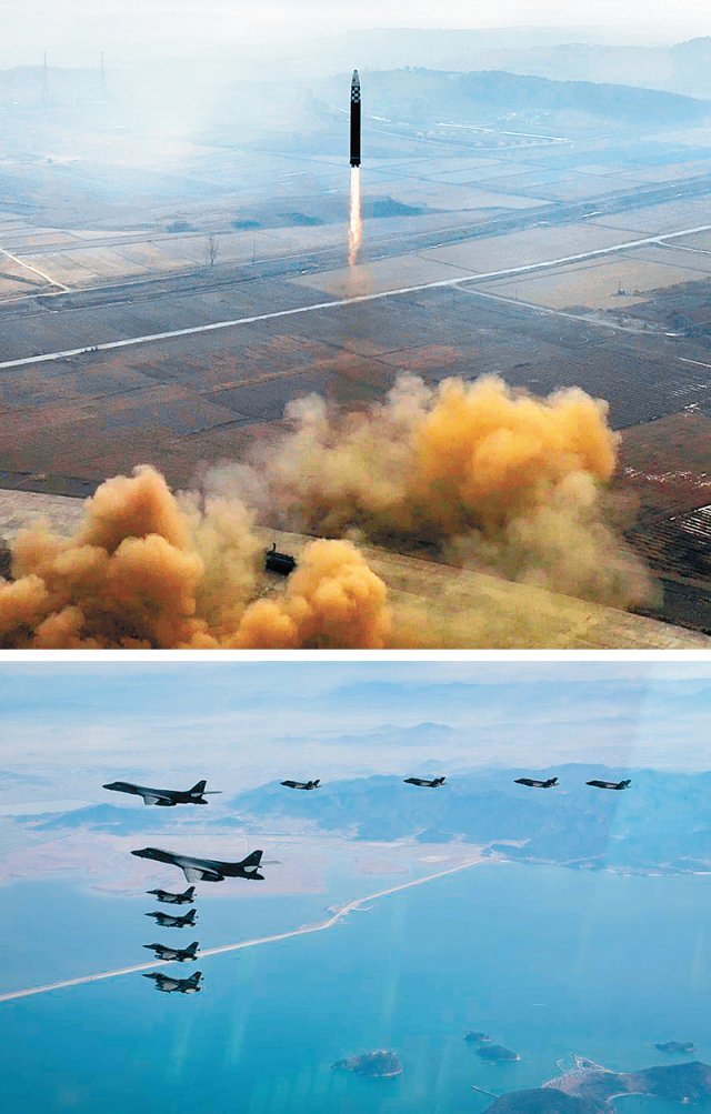 北 ‘美위협’ ICBM 쏜 다음 날, 美 ‘죽음의 백조’ 한반도 재전개 북한은 19일 노동신문을 통해 전날 
대륙간탄도미사일(ICBM) ‘화성-17형’이 평양 순안비행장에서 발사되는 모습을 공개했다(위쪽 사진). ICBM 발사 대응 
차원에서 B-1B 2대와 한국 공군 F-35A 스텔스기 4대, 미 공군 F-16 전투기 4대가 전북 군산시 새만금방조제 상공을 
19일 비행하고 있다. 노동신문 뉴스1·미군 제공