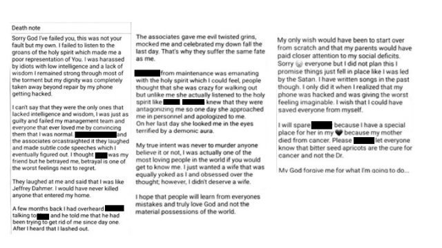 총기 난사 용의자 안드레 빙의 휴대전화에서 나온 메모. 체서피크 경찰 트위터 갈무리