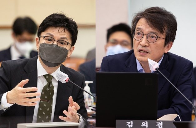 한동훈 법무부장관(왼쪽)과 김의겸 더불어민주당 의원.