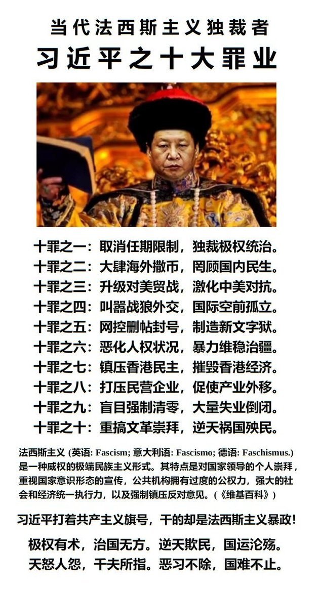 시진핑 중국 국가주석의 10대 죄를 나열한 자료가 트위터에서 공유되고 있다. (트위터 캡처)