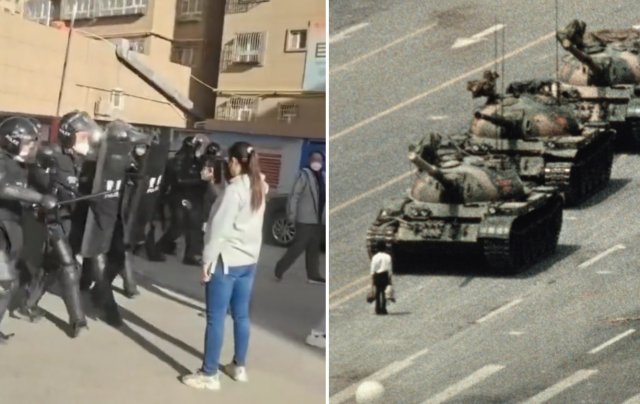 지난달 27일 한 중국 여성이 시위를 폭력적으로 진압하는 경찰의 모습을 휴대전화 카메라에 담고 있다(왼쪽). 1989년 6월 5일 중국 톈안먼 광장으로 들어오던 탱크행렬 앞을 한 남성이 맨몸으로 막아서고 있다. 트위터/게티이미지코리아