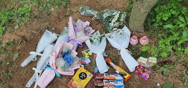 지난해 5월12일 극단적인 선택을 한 청주 여중생 2명이 처음 발견된 곳에 국화 꽃다발 등이 놓여있는 모습./뉴스1