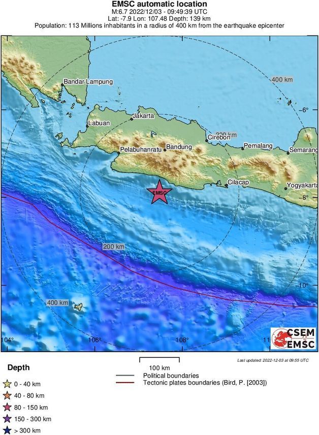 인도네시아 서자바에서 3일(현지시간) 오후 4시49분(한국시간 오후 6시49분) 규모 6.7의 지진이 발생했다고 유럽지중해지진센터(EMSC)가 밝혔다. EMSC 홈페이지 갈무리