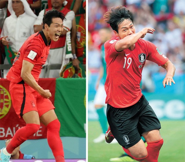 한국의 주전 센터백 김영권이 카타르 대회 포르투갈전(왼쪽 사진)과 4년 전 러시아 대회 독일전에서 골을 넣은 뒤 기뻐하고 있다. 알라이얀·카잔=뉴시스