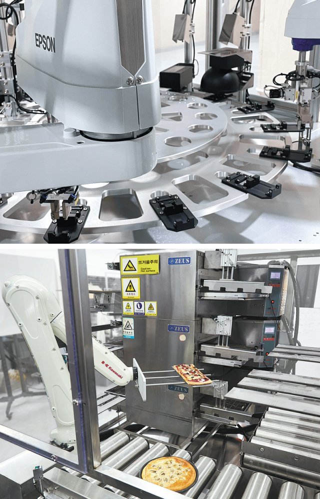 스타트업 ‘뽀득’의 장비가 세척된 식기를 정밀 검수하고 있다. 아래쪽 사진은 ‘웨이브라이프스타일테크’의 주방 자동화 로봇이 피자를 굽는 모습. 각 사 제공