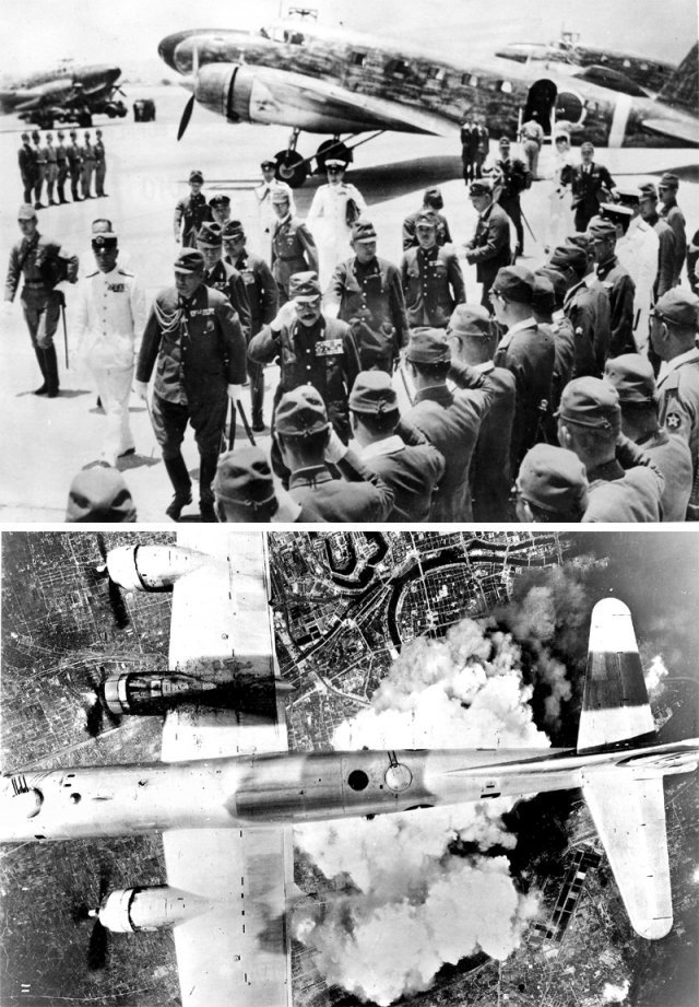 태평양전쟁 당시 일본 군부를 대표한 내각총리대신 도조 히데키가 1943년 필리핀 마닐라 인근 니콜스 필드 공군기지에 도착해 
일본군을 사열하는 모습(위 사진). 이듬해 필리핀 전투에서 일본군 30만 명 이상이 사상하는 대패를 당한다. 아래 사진은 
1945년 6월 미군 B-29 폭격기가 일본 오사카 시내에 폭탄을 투하하는 장면. 일본 본토에 대한 미군의 집중 폭격으로 도쿄를 
중심으로 한 간토지역은 막대한 피해를 입었다. 사진 출처 위키피디아