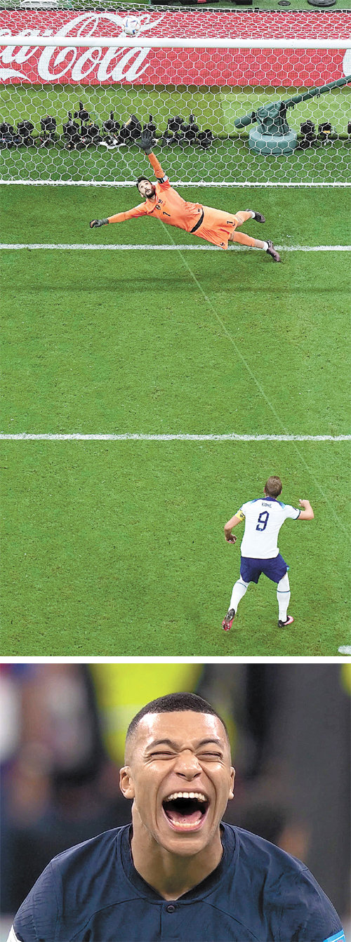 케인 PK 실축 순간 음바페 환호 잉글랜드의 해리 케인(아래)이 11일 카타르 알코르의 알바이트 스타디움에서 열린 
프랑스와의 월드컵 8강전에서 1-2로 뒤진 후반 36분 페널티킥을 골대 위로 날려 보내고 있다. 프랑스의 골키퍼는 케인의 
토트넘(잉글랜드) 동료인 위고 요리스다(위 사진). 프랑스의 킬리안 음바페가 케인이 페널티킥을 실축하는 것을 보고 함박웃음을 짓고
 있다. 알코르=AP 뉴시스·유튜브 캡처