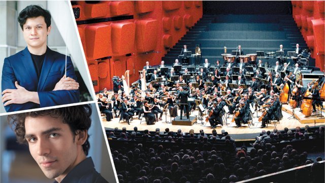 서울 서초구 예술의전당 콘서트홀에서 20일 내한연주를 펼치는 스트라스부르 필하모닉 오케스트라(오른쪽 사진)와 지휘자 아지즈 
쇼하키모프(왼쪽 위 사진). 프랑스 피아니스트 알렉상드르 캉토로프(왼쪽 아래 사진)가 차이콥스키의 피아노 협주곡 2번을 협연한다.
 라보라 예술기획 제공