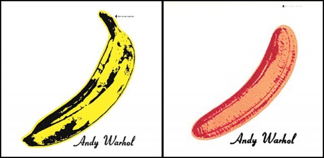 벨벳 언더그라운드의 데뷔 앨범(왼쪽 사진)은 바나나 껍질을 벗기면 과육이 보이게끔(오른쪽 사진) 제작됐다. 사진 출처 위키피디아