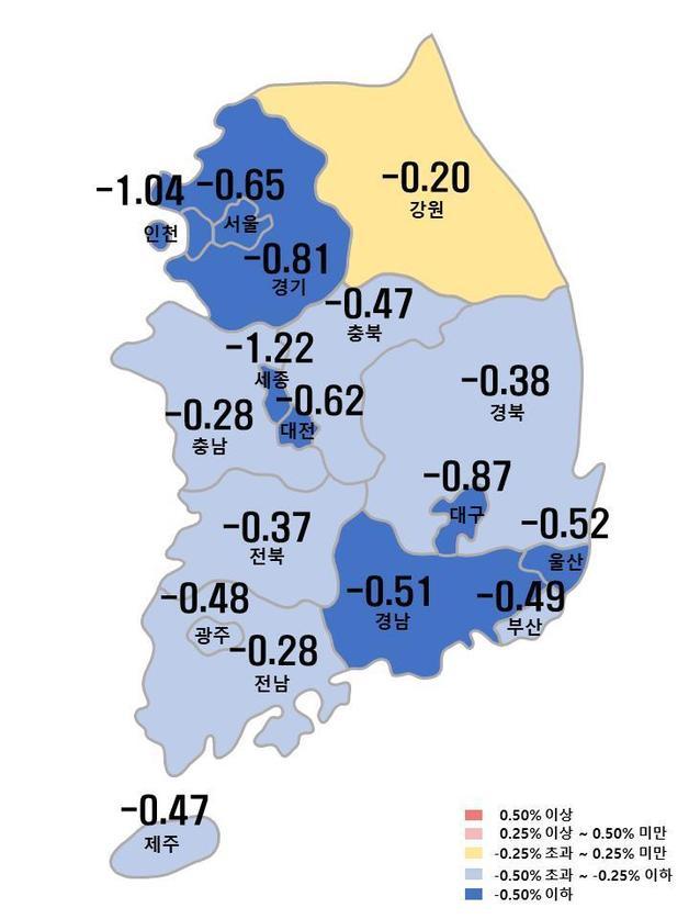 시도별 아파트 매매가격지수 변동률(부동산원 제공)