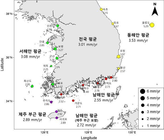 최근 33년간 해수면 상승 분포도. 해양수산부 제공