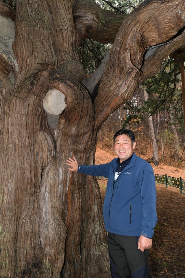 천연기념물 경북 ‘울진 화성리 향나무’를 지키는 당산나무 할아버지 이재욱 씨의 모습. 문화재청 제공